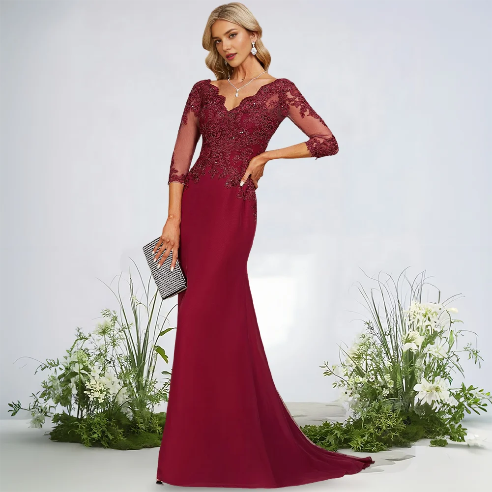 

Elegant Burgundy Trumpet Evening Dress 2025 Mermaid Silhouette With Sweep Train V-Neck 3/4 Sleeve Lace Chiffon Prom Wedding Gown