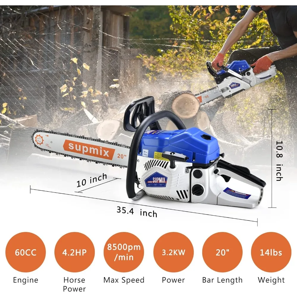 20 inch 62cc Chain Saws for Trees Gas Powered 4.2HP 2-Cycle Cordless Wood Cutting Machine