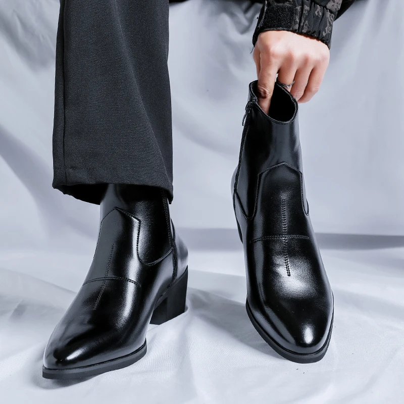 Fashionable and comfortable men's boots with inner height increase zipper work boots thick sole English style