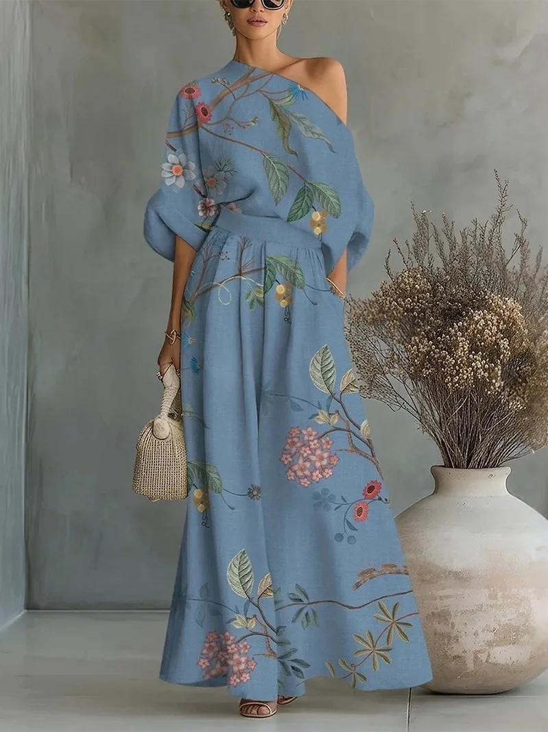 

Women Elegant High Waist Pants Set Sexy Hollow Floral Print Skew Collar Long Sleeve Top+Casual Wide Leg Pants Vacation Outfit