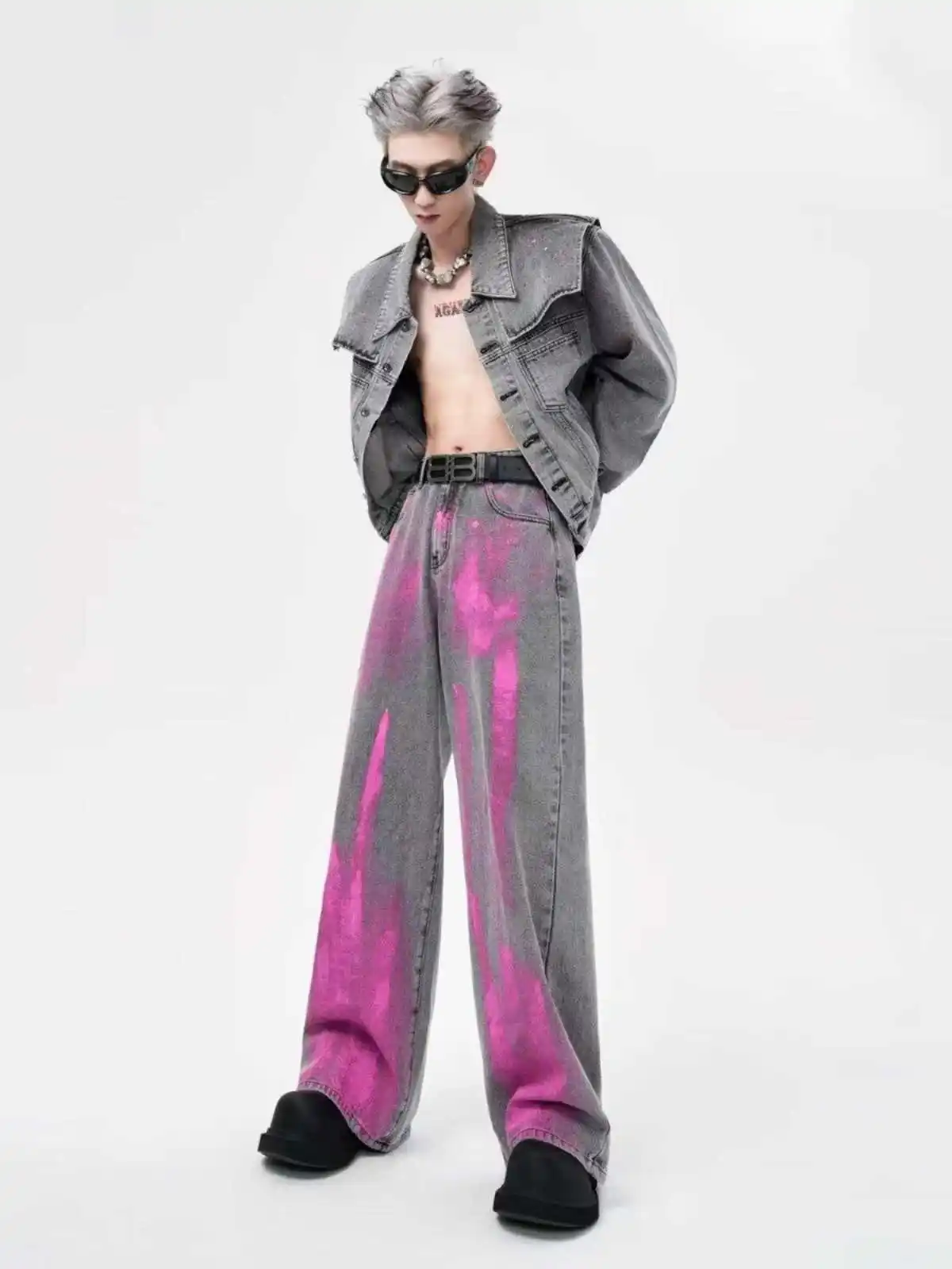 Women's Grey Y2k Graffiti Jeans Vintage Harajuku Baggy Jean Pants Japanese 2000s Style Hip Hop Boyfriend Denim Trouser Clothes