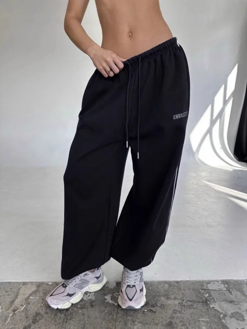 Y2K Amerikaanse zwarte retro hiphop oversized damesmode casual joggingbroek losse joggingbroek hoge taille wijde pijpen streetwear - afbeelding 1