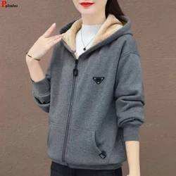 Autumn Winter Warm Casual Zip Up Fleece Hooded Faux Lambswool Lined Sweatshirt Women Loose Thick Long Sleeve Hoodies Tops