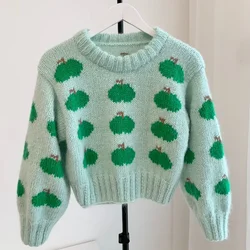 High Quality One Size Woman Handwork Green Apples Long Sleeve Knit Sweater Pullover