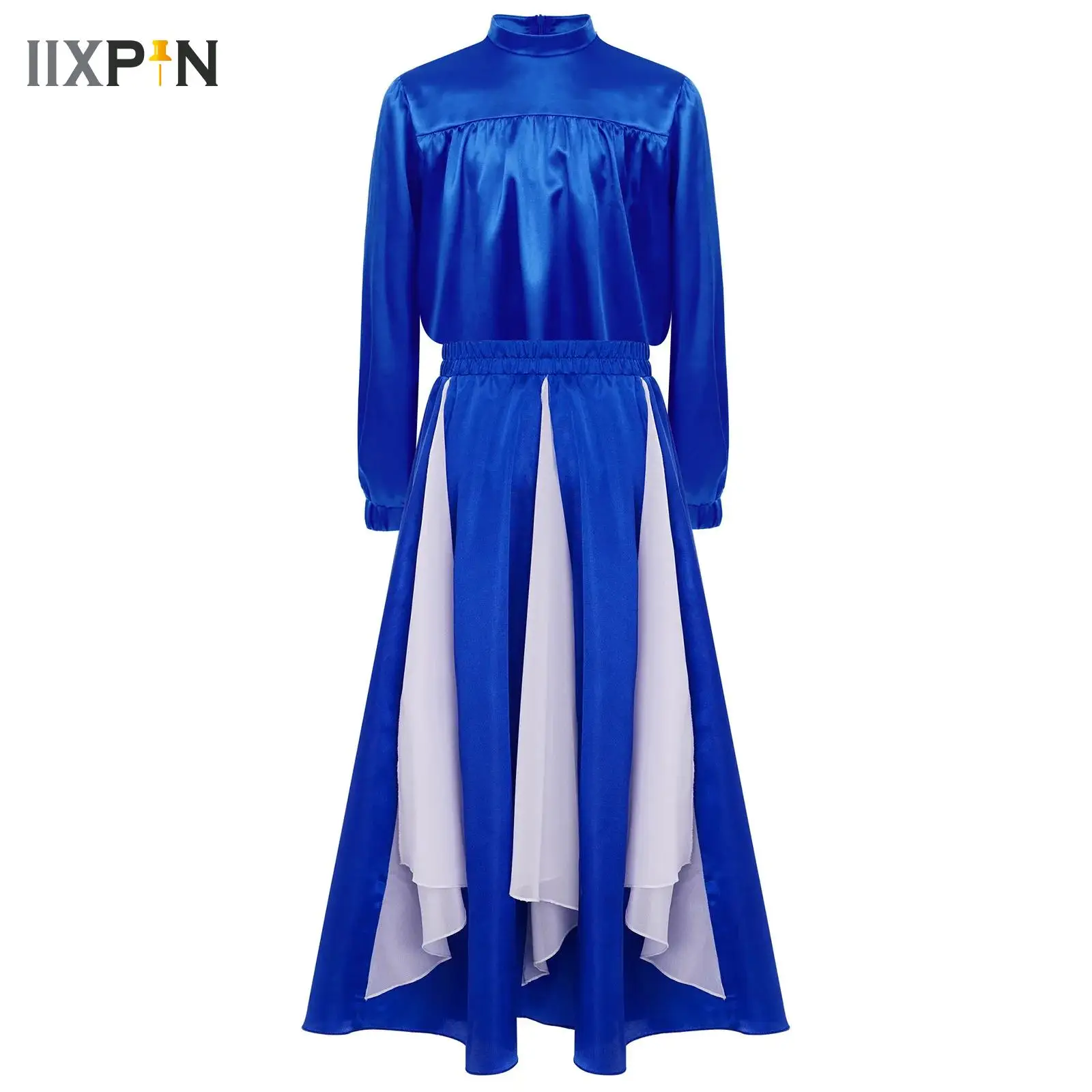 Zestaw do tańca lirycznego i współczesnego dla dziewcząt: satynowa bluzka z długim rękawem + spódnica z szyfonu, strój do tańca liturgicznego, nowoczesnego, flamenco, kostium na występy.