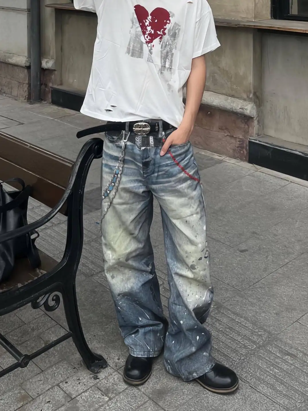 

Washed 3D Digital Print Trendy AC Style Men's Jeans Straight Loose Wide Leg Long Trousers Retro American Vibe Casual Jeans