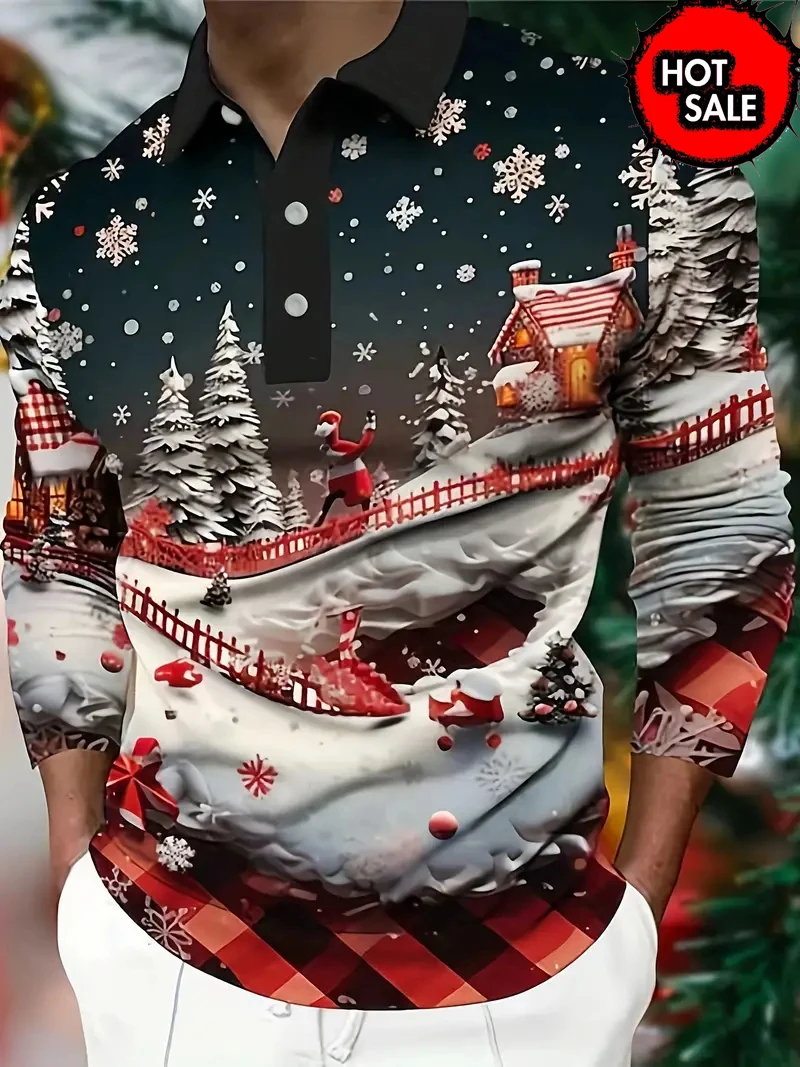 Christmas Snowflakes Polo Shirt Men Santa Claus 3D Long Polo Shirts Streetwear Long Sleeve Design Oversized Button Polo T Shirt