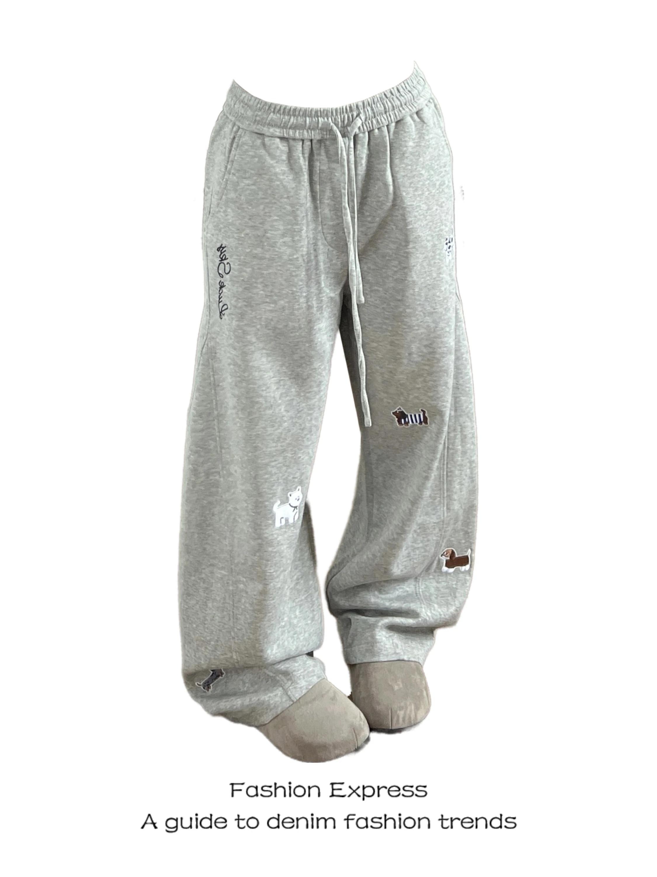 

Женские широкие брюки с вышивкой в американском стиле, весна-осень, с забавным рисунком собаки, антивозрастные, прямые, уличные, повседневные, класса люкс