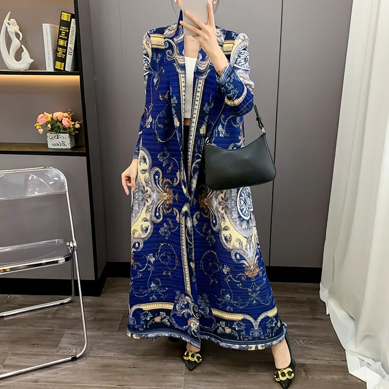 Miyake 2025 New Spring Folded Robe Loose Pleated Fashion Light Luxury Noble Middle East Printed Plisse Coat Jacket Cloak Women