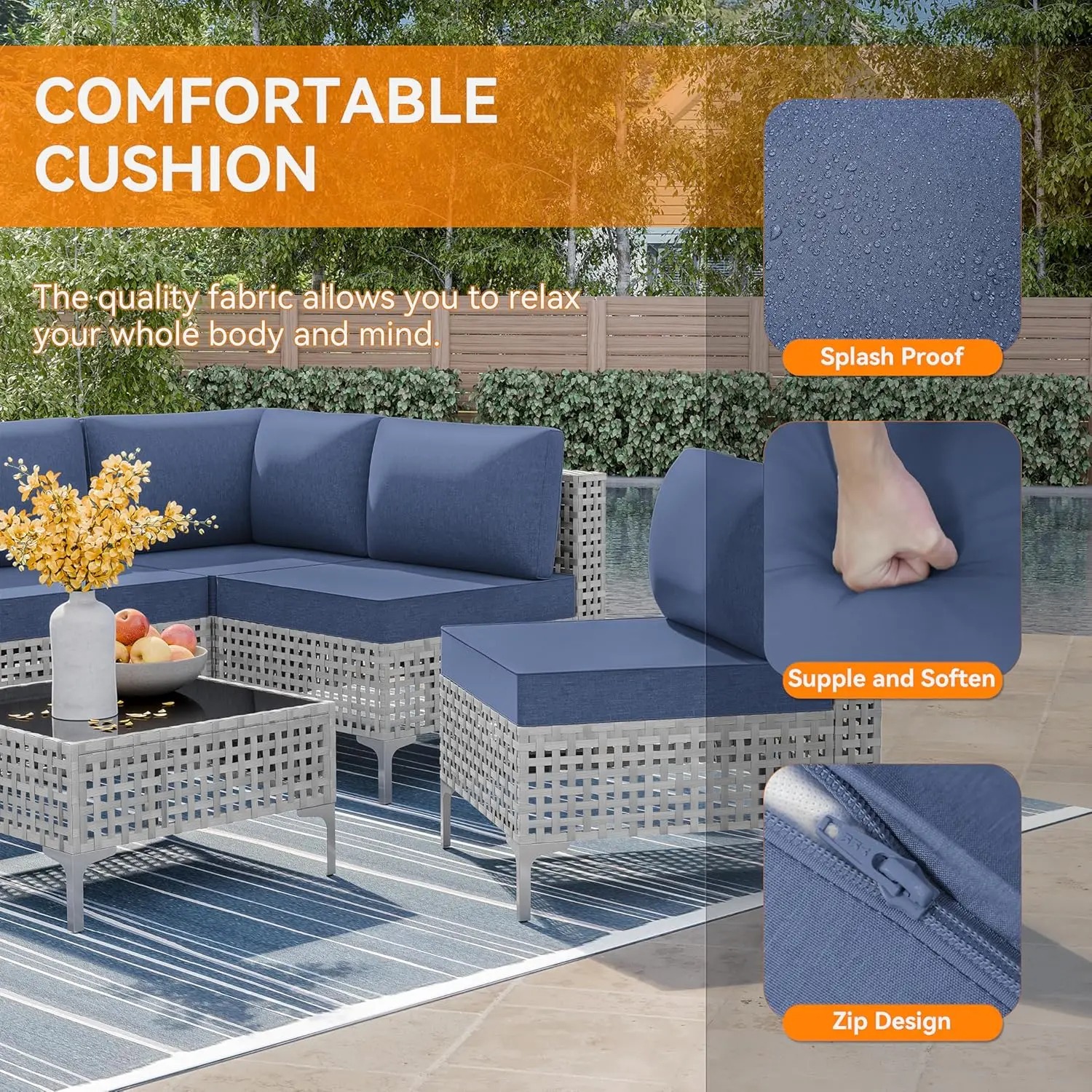 7 Pieces Patio Furniture Set Wicker Outdoor Sectional Sofa,All Weather Grey PE Rattan Outdoor Conversation Set ,NavyBlue