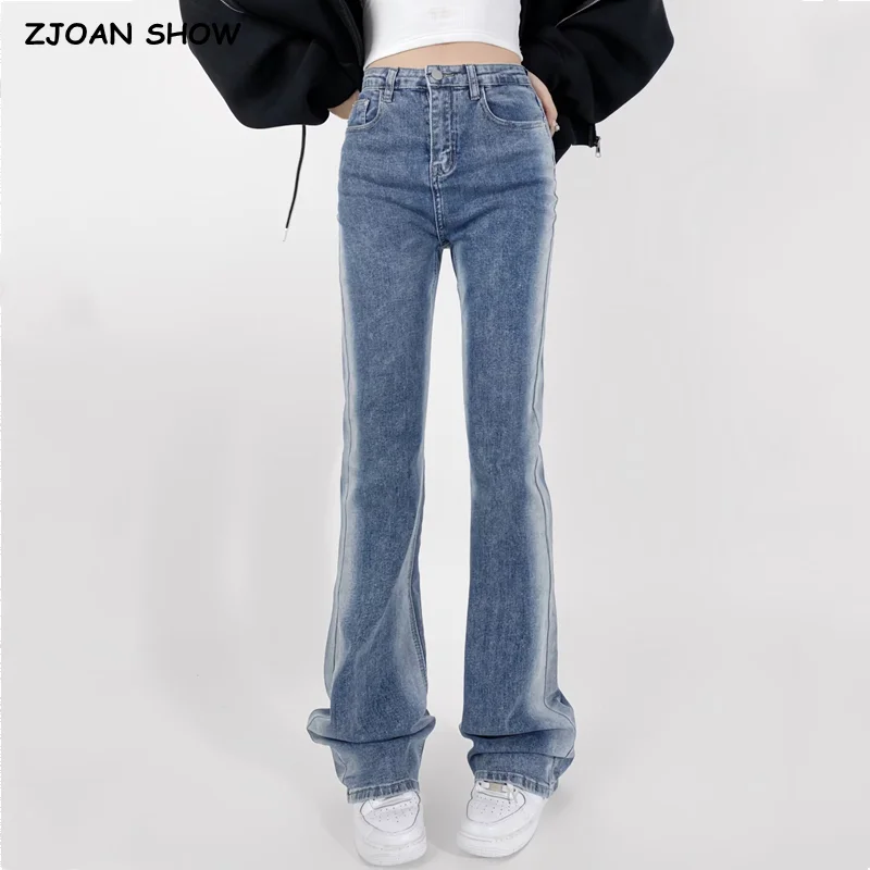 

Sexy High Waist Floor Length Washing Contrast Color Micro Flare Jeans Women Vintage Stretch Denim Pants Streetwear Long Trousers