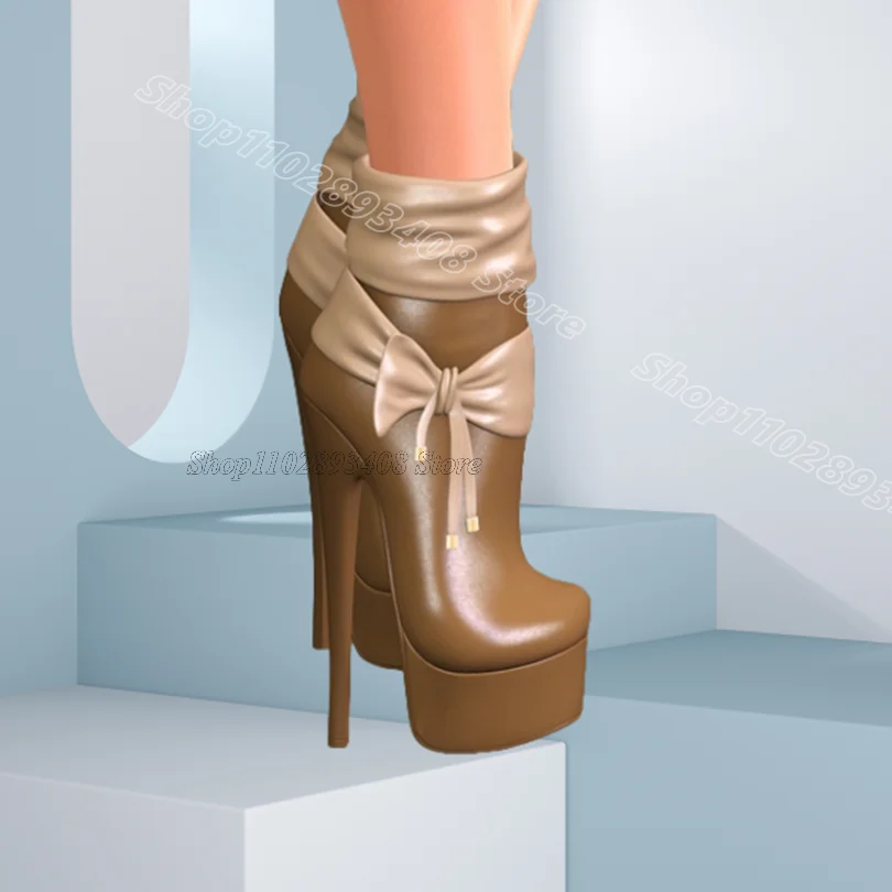

Brown Bowknot Stiletto Ankle Boots Round Toe British Style for Women Party Dress Fashion Short Boots 2025 Zapatos Para Mujere