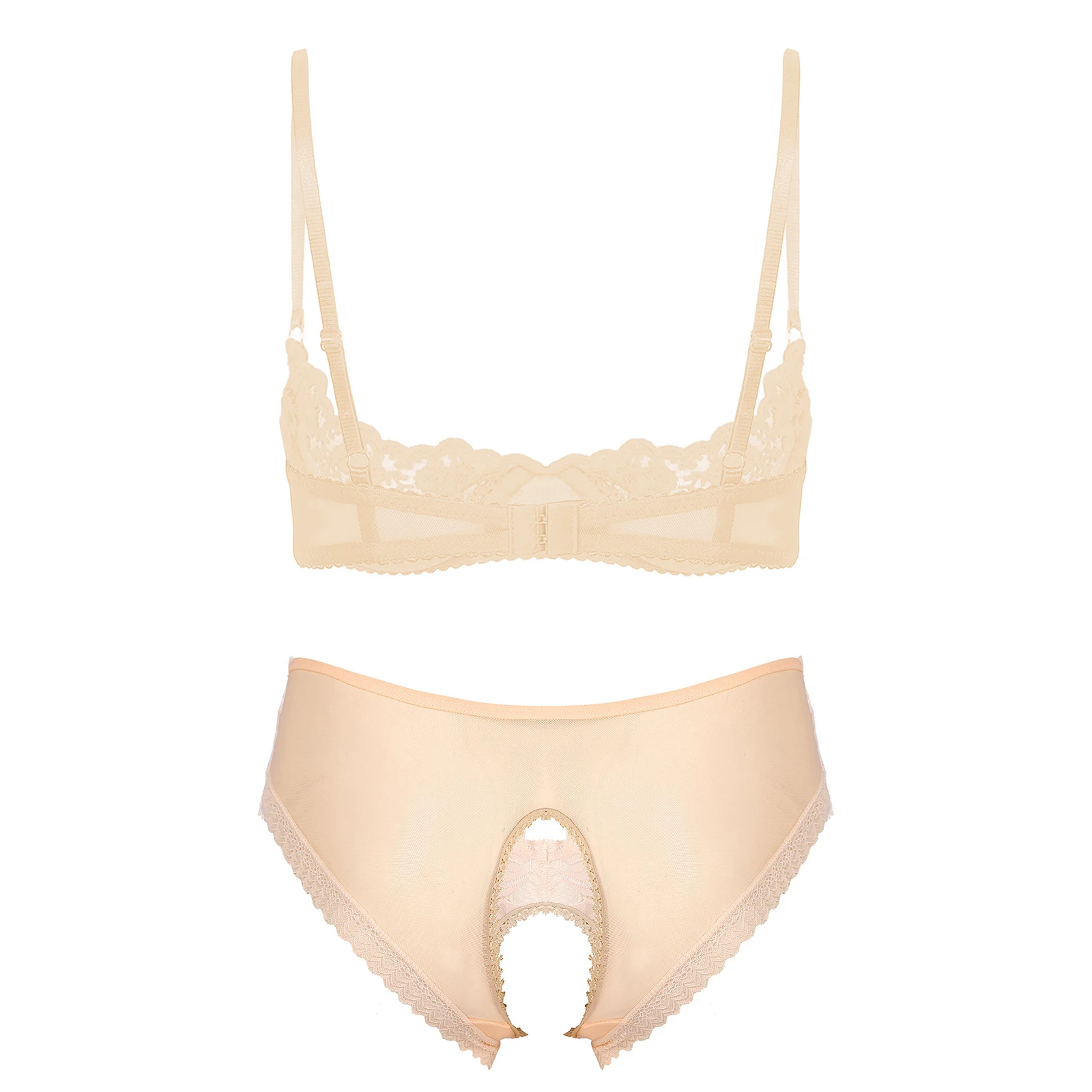 Conjunto de encaje de lencería Sexy para mujer, Top de sujetador sin aros o sin aros con entrepierna, calzoncillos transparentes, ropa de dormir tentadora