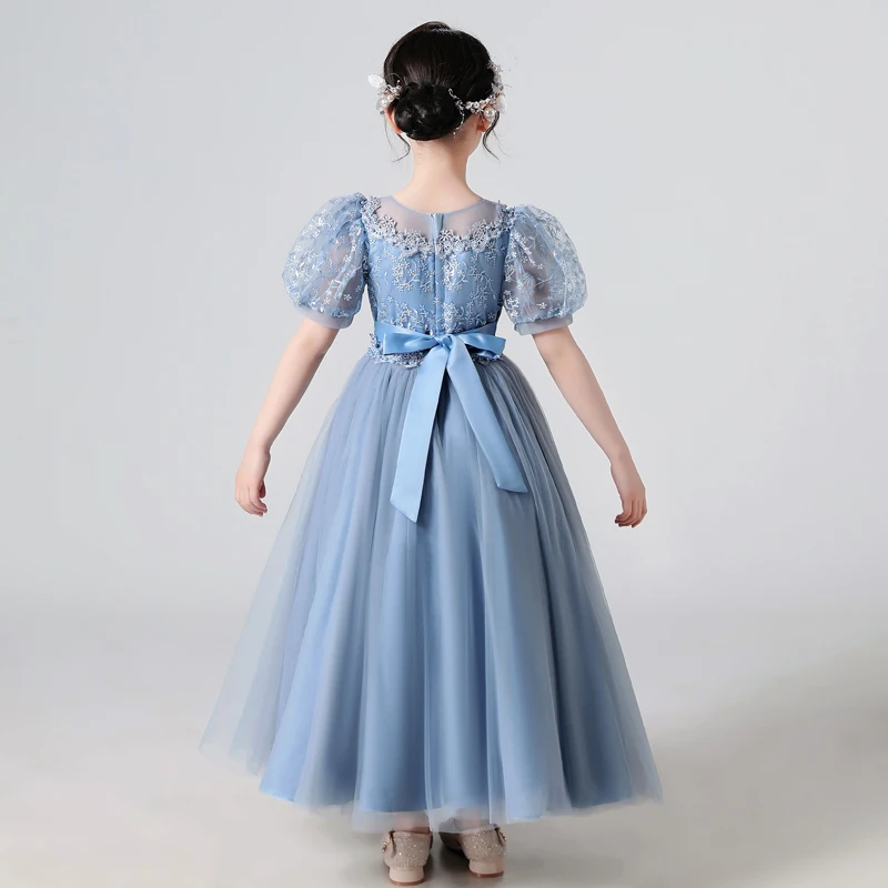 Girls Dress Summer Princess Dresses Sequins Puff Sleeve Ankle-Length Mesh Flower Girl One-piece For Wedding Evening Party