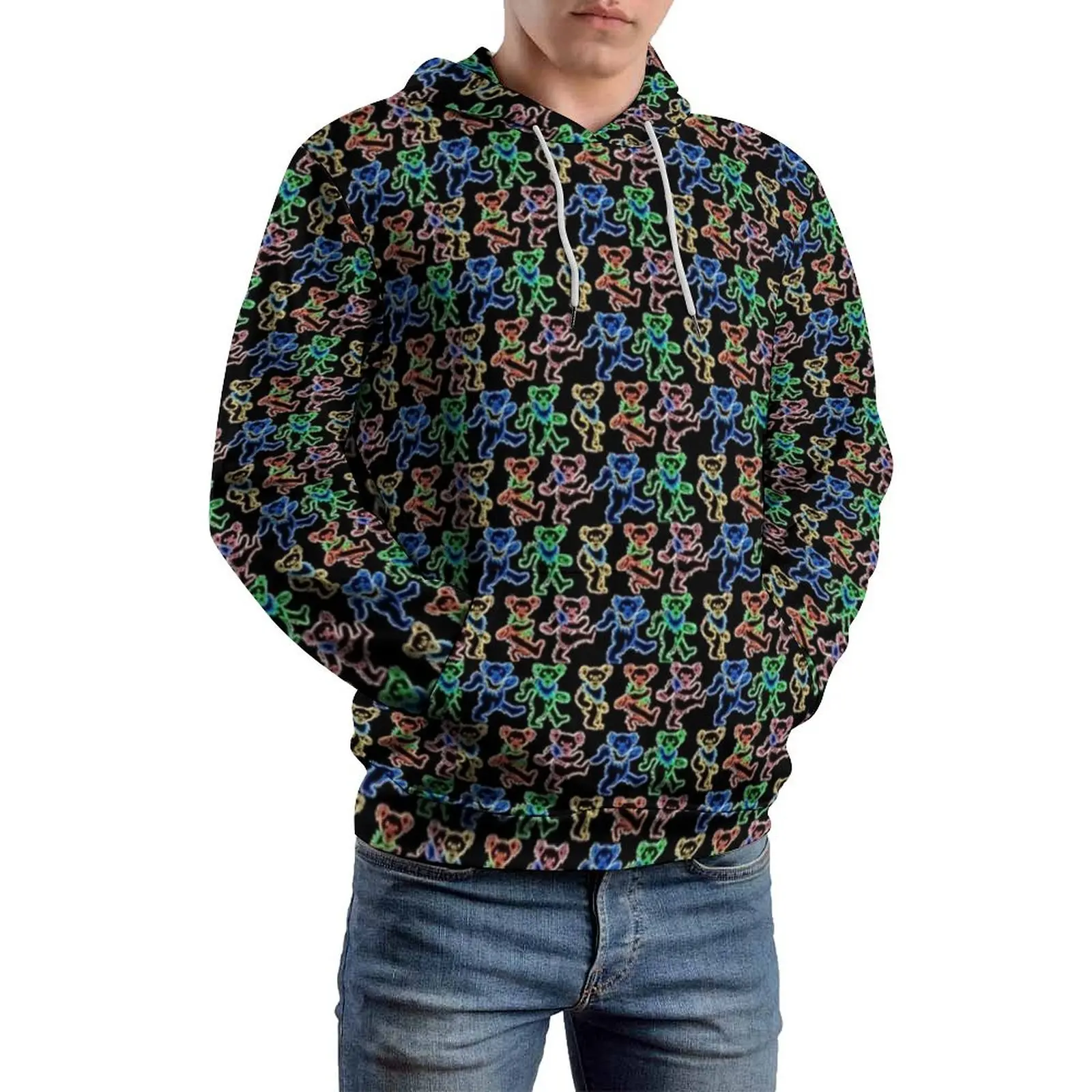 Jazz Festivals Loose Hoodies Neon Bears Print Casual Hoodie Man Long-Sleeve Harajuku Graphic Sweatshirts Plus Size 4XL 5XL