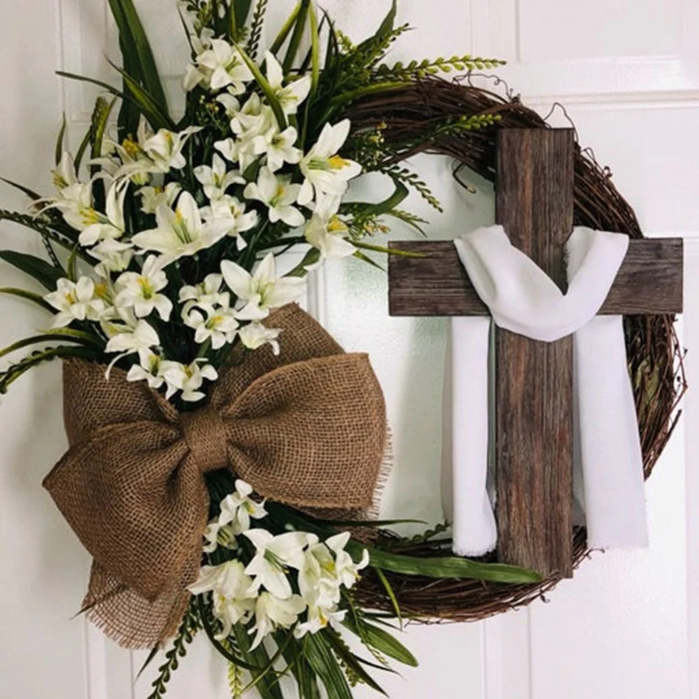 Easter Wreath With Cross Burlap Bow Rustic Rattan Wreath Spring Decoration DIY Easter Front Door Wall Wreath Decoration