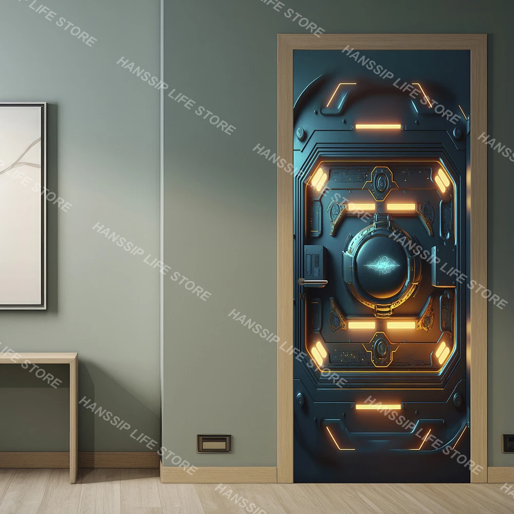 Adesivo per porta in metallo per navicella spaziale con tecnologia moderna Poster autoadesivo con linee astratte Hitech per decalcomanie artistiche