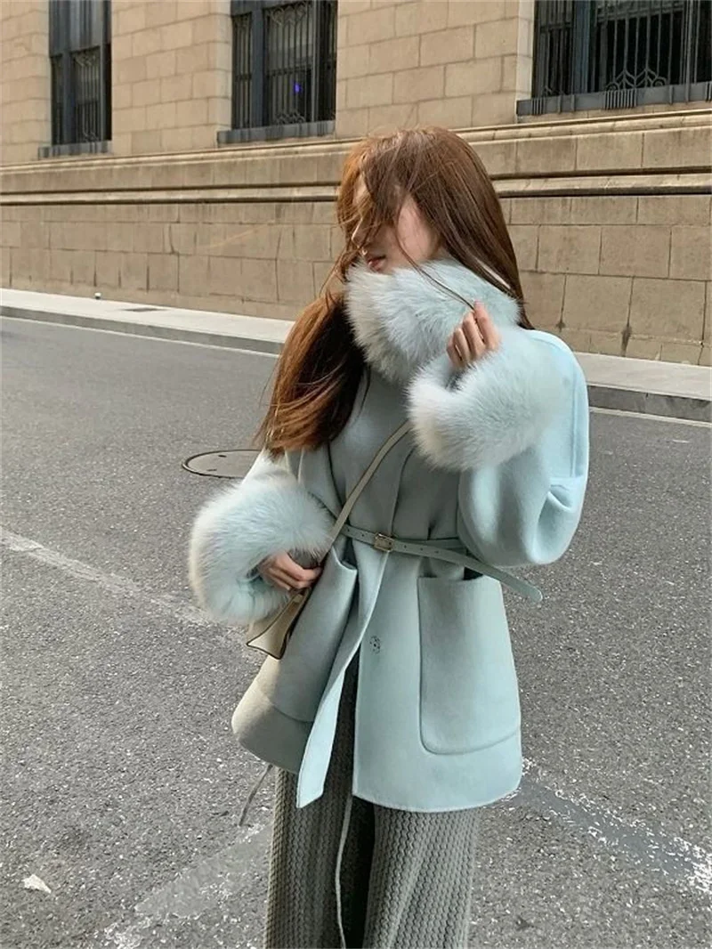 Women Winter Fox Fur Collar Double-sided Cashmere Loose Jacket Batwing Sleeves Coat Luxury Cardigan Woolen Overcoat With Belt