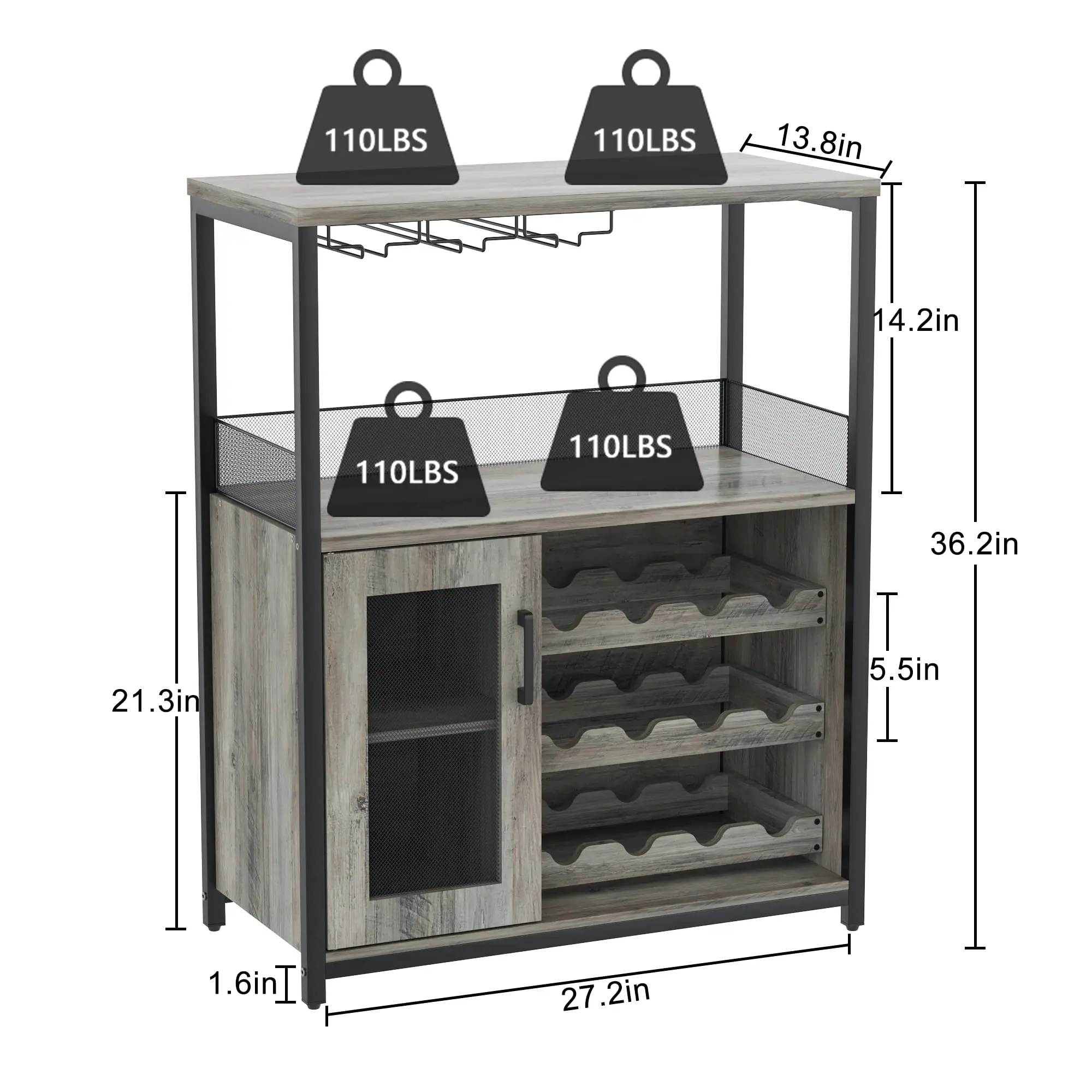 Wine Bar Cabinet with Detachable Wine Rack and Storage Space