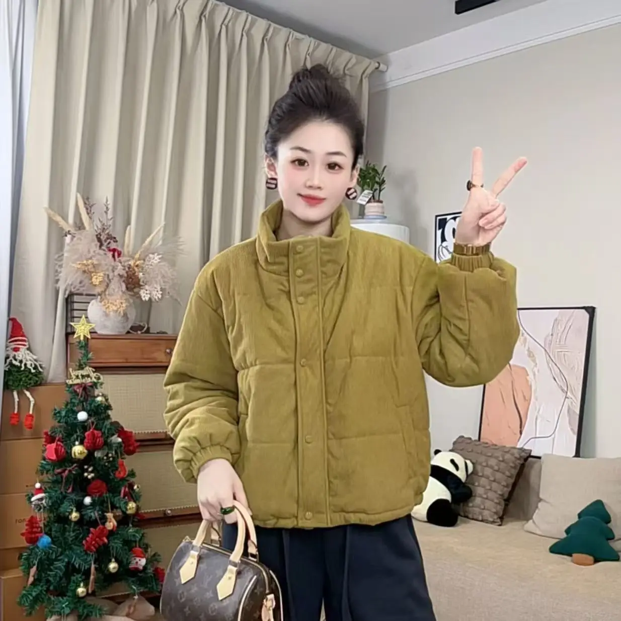 2026 Women Corduroy Cotton Padded Jacket Winter Coat New Solid Stand Collar Short Jacket Versatile Casual Cotton Clothing Female 3