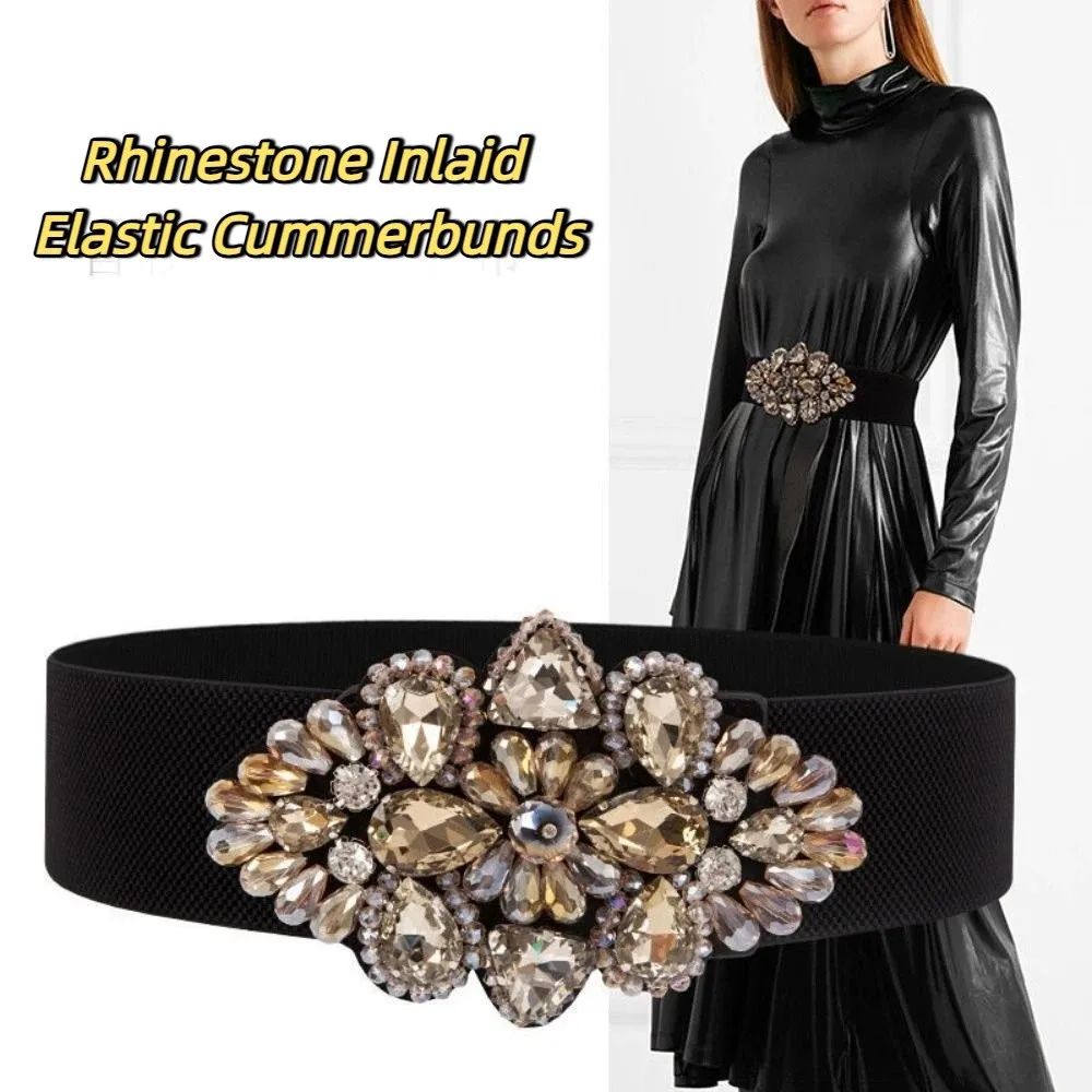 

Simple Flower Elastic Cummerbunds Wide Korean Style Women Waistband Strap Belt Black Rhinestone Waist Belt Dress