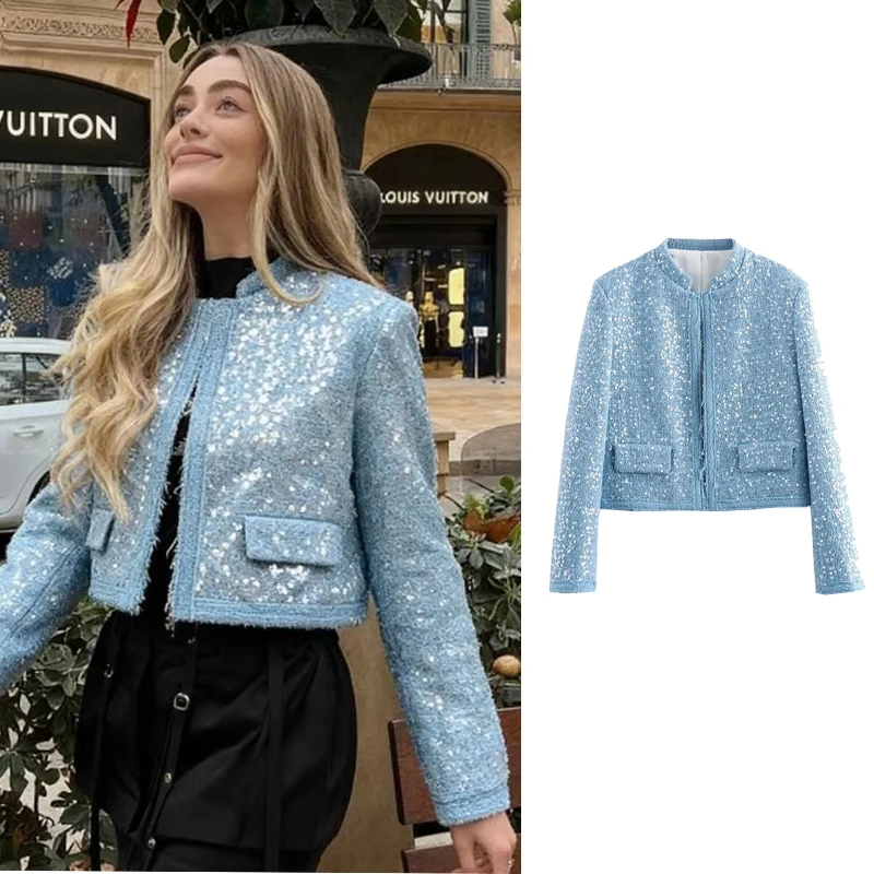 

Women Short Jacket 2025 Autumn Winter Fashion Sequin Decoration Long Sleeve Button Short Jackets Women High Street Leisure Coat