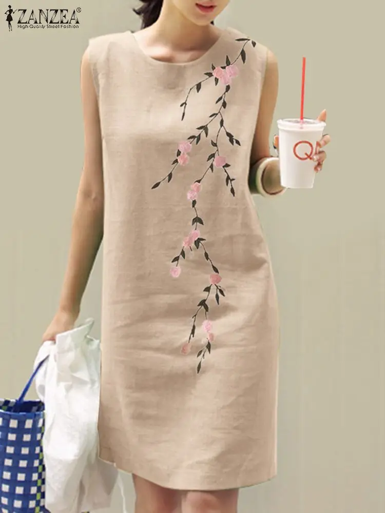 2024 Zanzea Frauen Blumen stickerei Kleid Sommer Vintage ärmellose feste Baumwolle Party Vestido Sarafans Bohemian Beach Sommerkleid