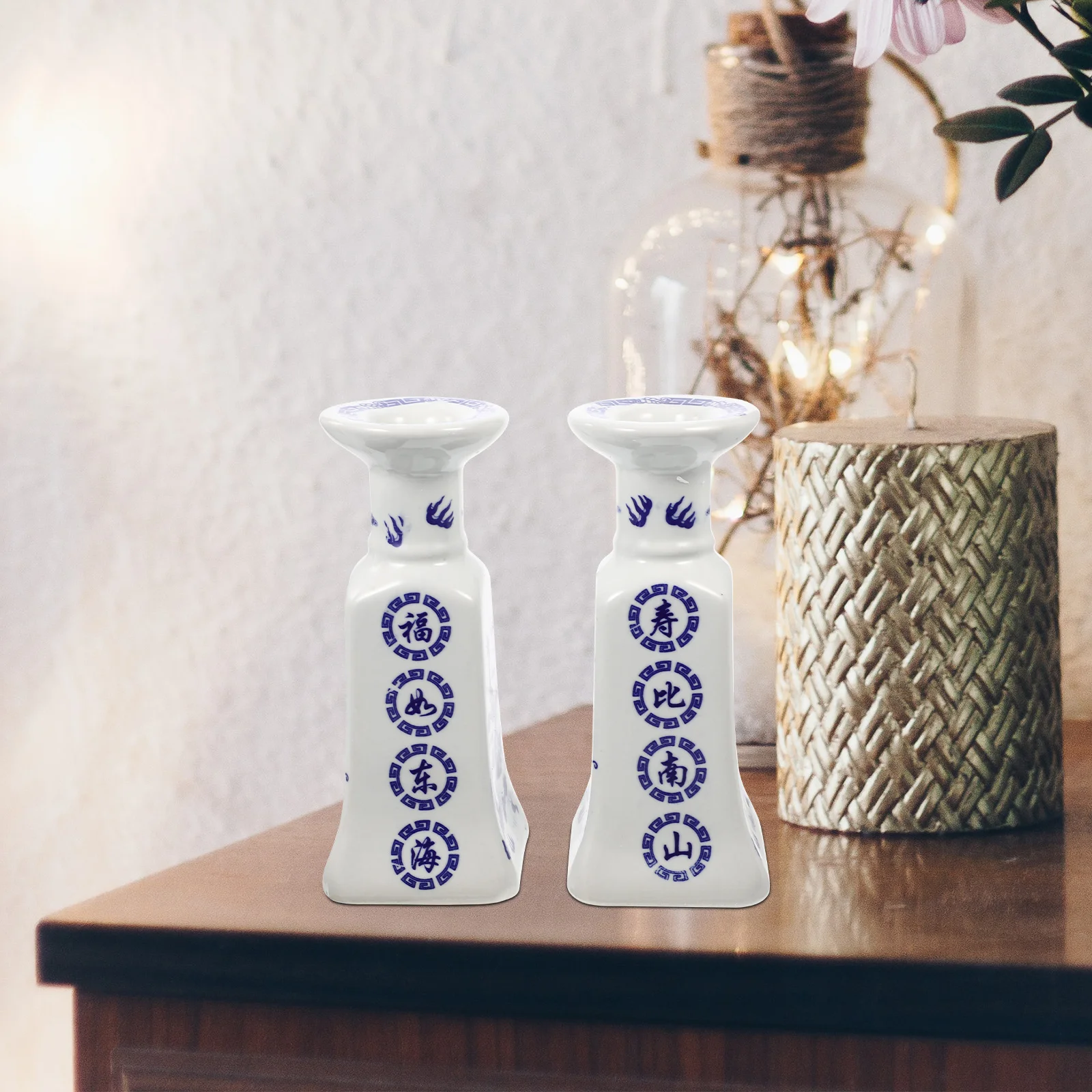 

2Pcs Jingdezhen Ceramic Holders Retro Style Worship Supplies Offer Stand Home Decor Vintage Candlestick