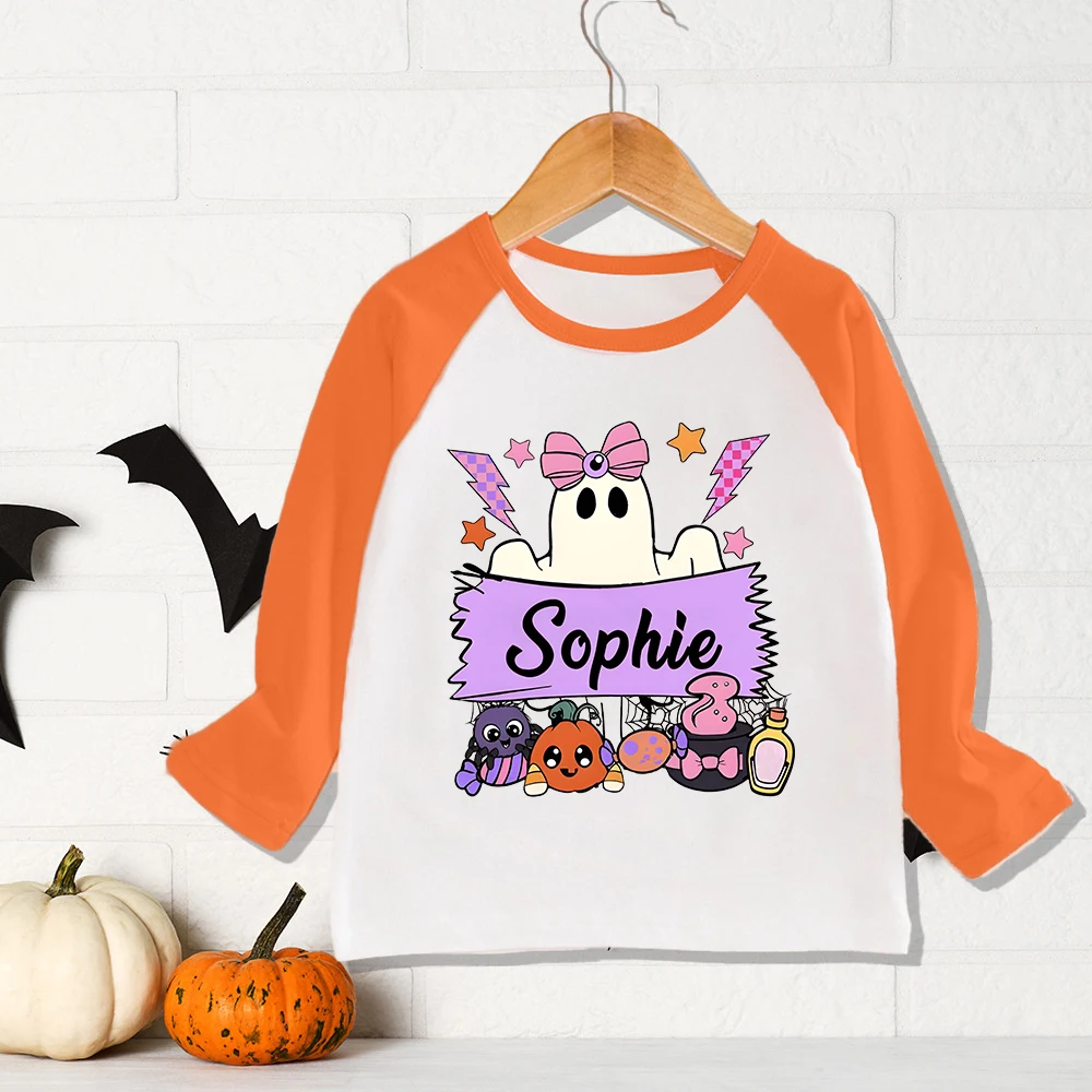 Personalized Kids Shirt Girls Boys Raglan T-shirt Custom Name Child Halloween Party  Long Sleeve Outfit Tops Toddler Autumn Tee