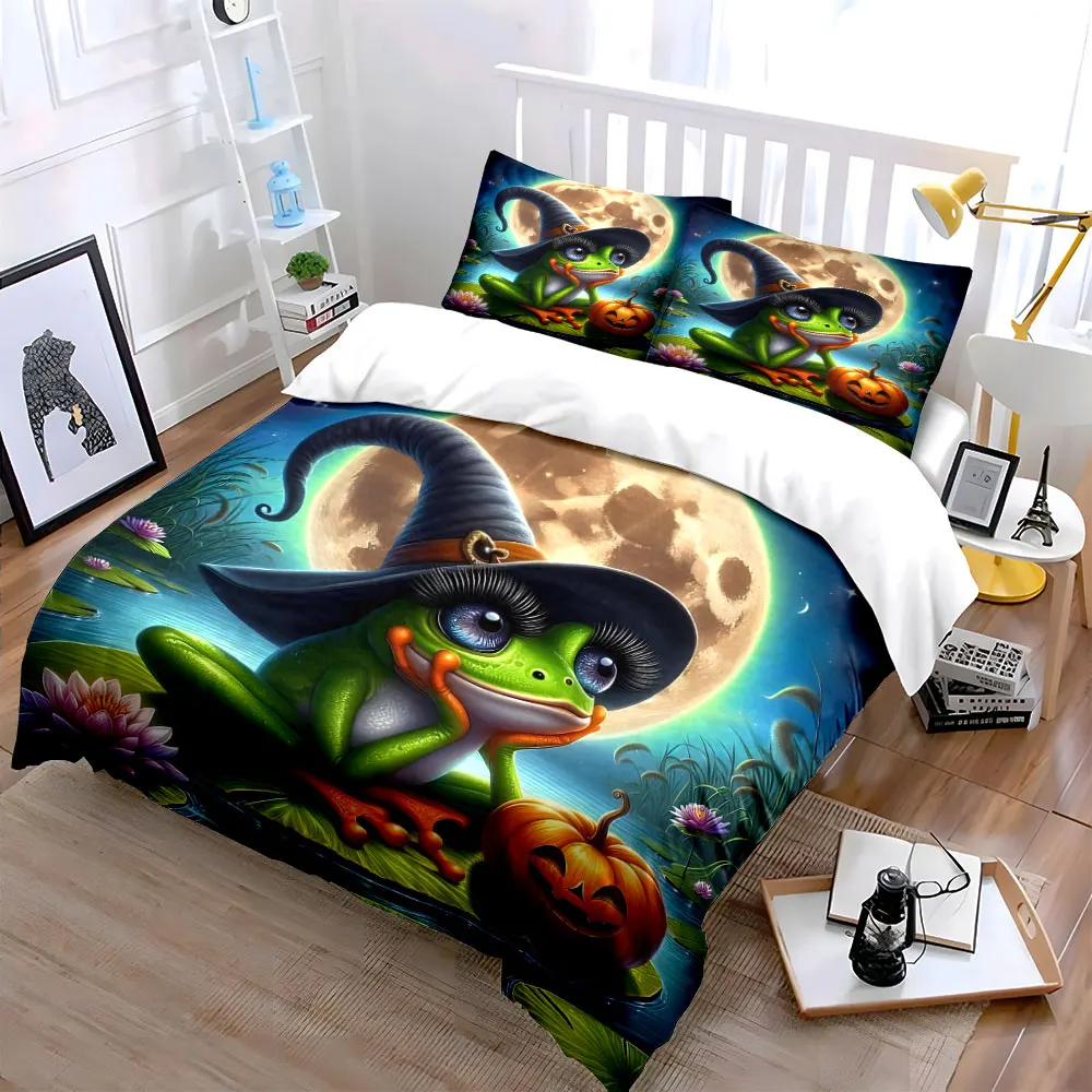Frog with Witch Hat and Pumpkin Print Bedding Set 1 Duvet Cover 2 Pillowcases for Adult and Children Luxury Gift Full Size