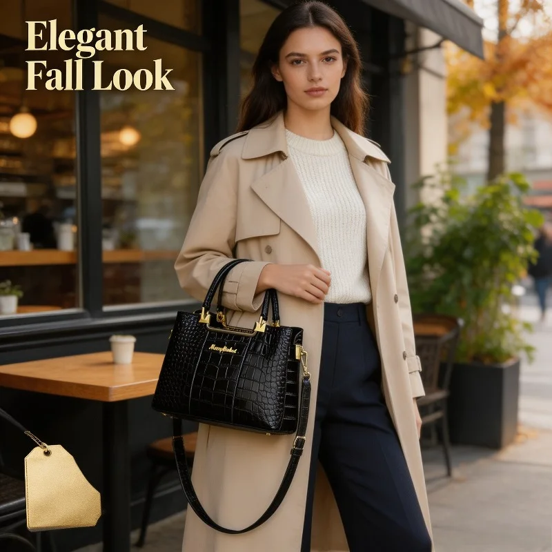 Women Crocodile Embossed Handbag Faux Leather Metal Frame Decor Top Handle Detachable Strap Crossbody Tote Purse