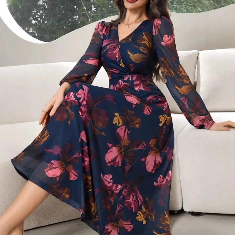 

Elegant V-neck Long Sleeve Commute Dress Lady Casual High Waist Party Maxi Dresses Vintage Contrast Color Printed Pleated Dress