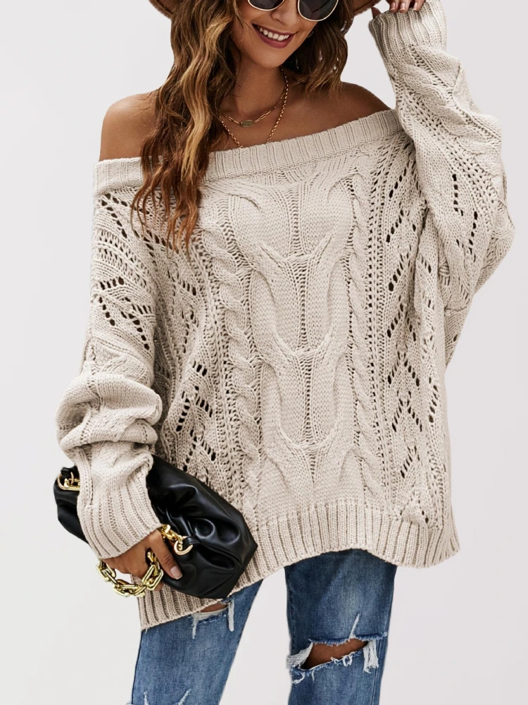 

New in Fashion Autumn Winter Casual Solid Color Hollow Out Sweater Off Shoulder Lantern Sleeve Knitted Pullover Women Clothes