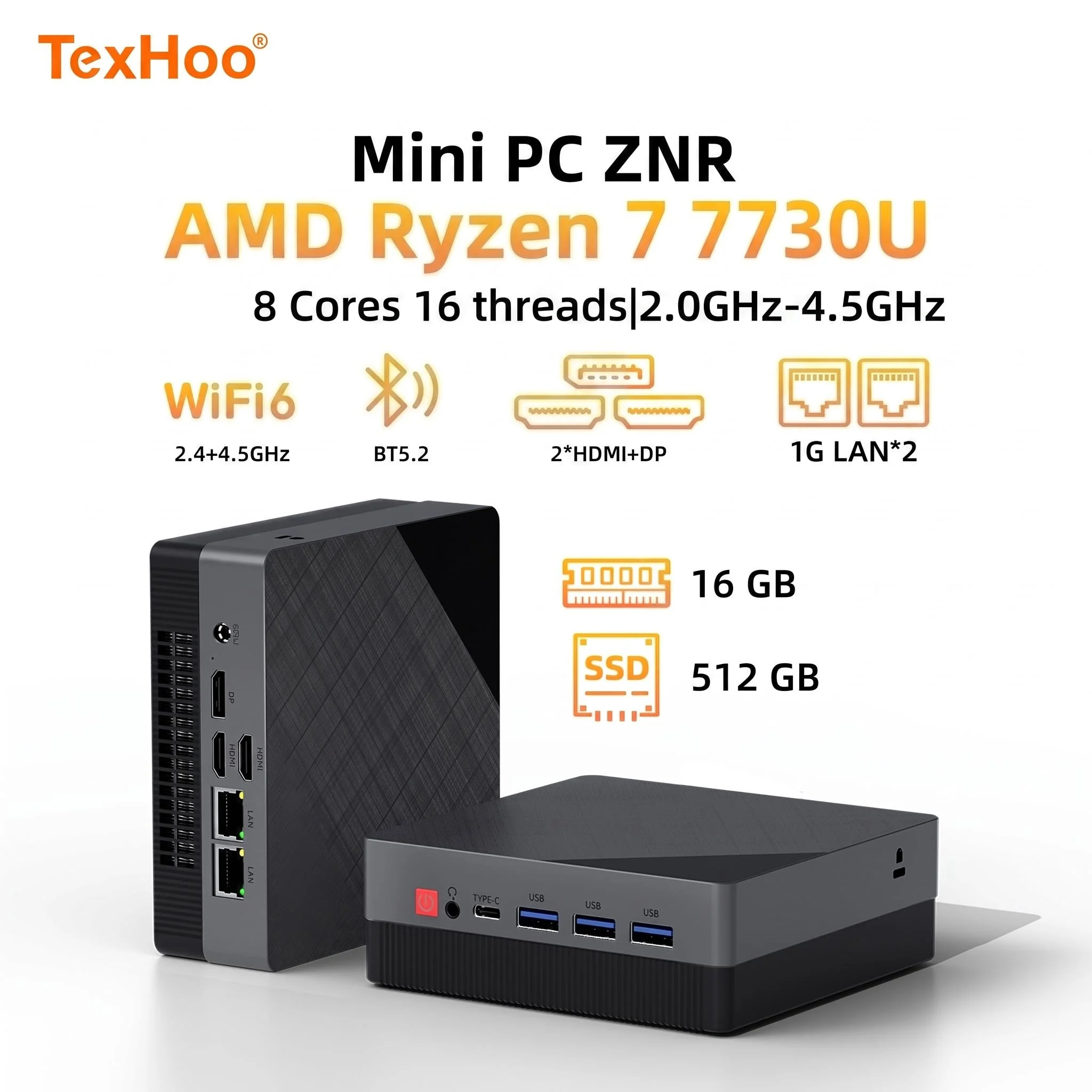 텍스후 미니 PC AMD 라이젠7 7730U 윈도우 11 프로 16G DDR4 512G M.2 SSD 데스크탑 미니 컴퓨터 WIFI6 BT5.2 듀얼 LAN 듀얼 HDMI