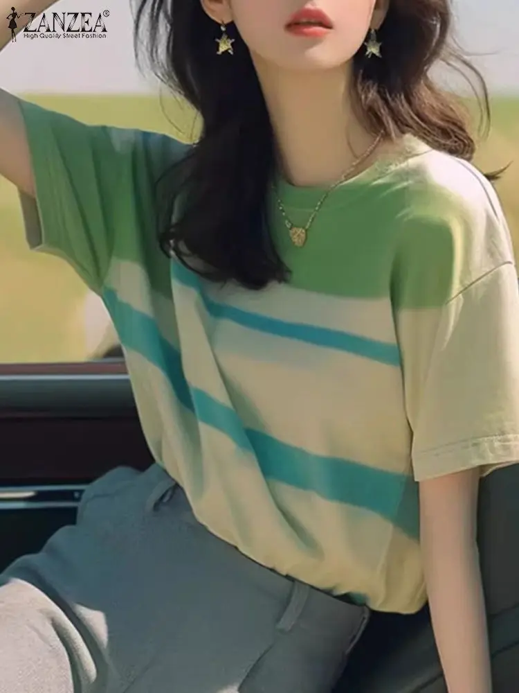 

2024 ZANZEA Korean Fashion Tops Women Casual Short Sleeve T-shirts Elegant Gradient O-neck Sweety Tees Streetwear Femme Tops