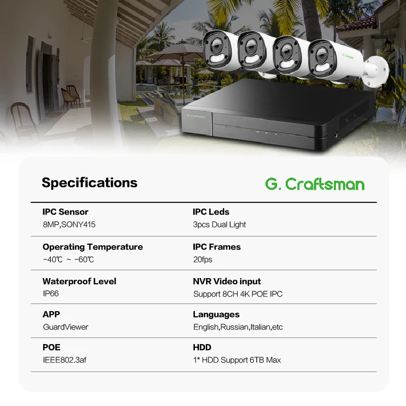 2026 GAU-YUFD-M8SS-K4 Gcraftsman 4K 8MP ColorVU Dual Light Night Vision IP POE Security Security Camera System NVR Package Kits
