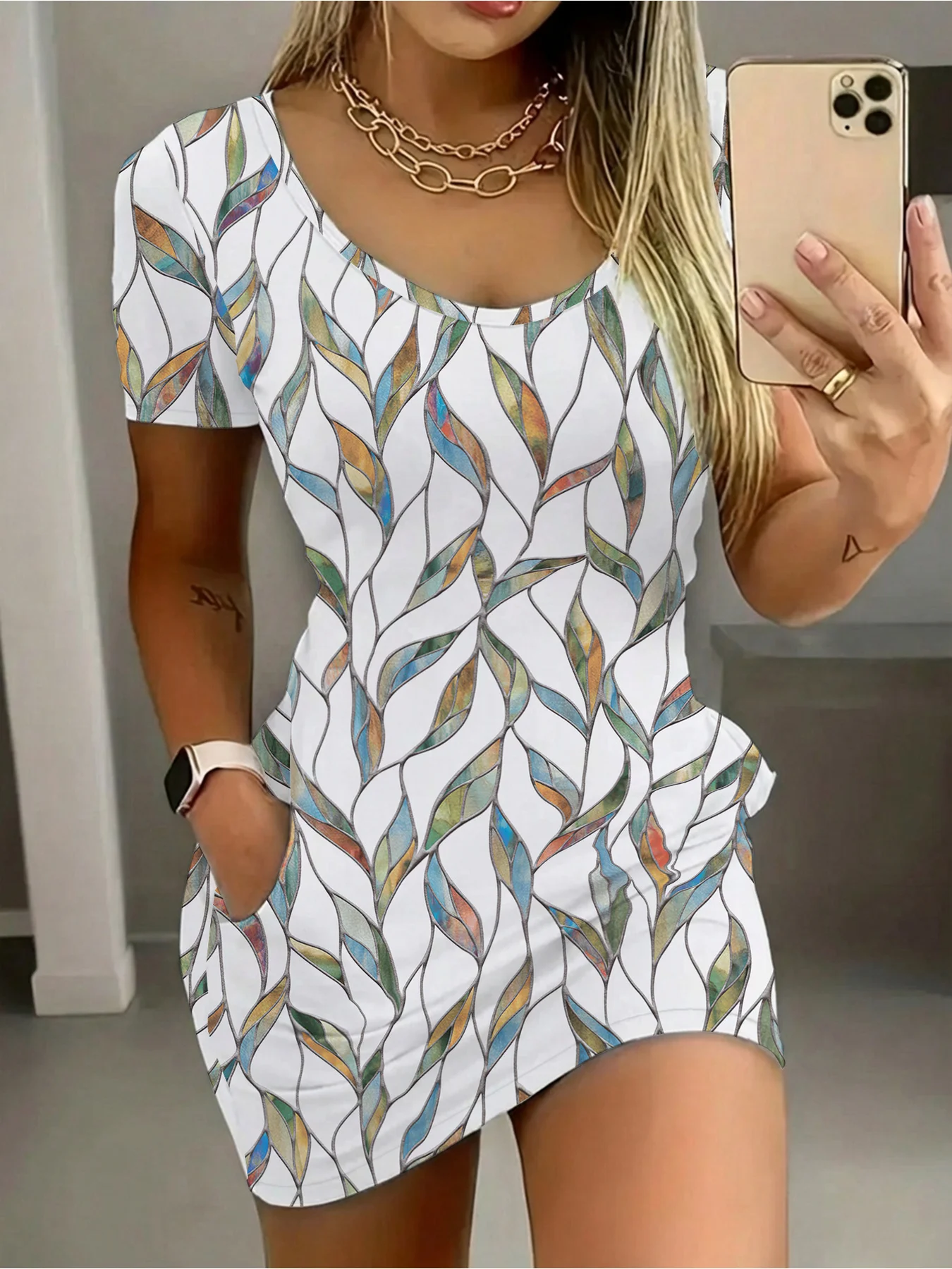 Elegant Casual round Neck Solid Color Leaf Pattern Pocket Short Sleeve Mini Skirt Long Dress Comfortable Fashion Women's Dress