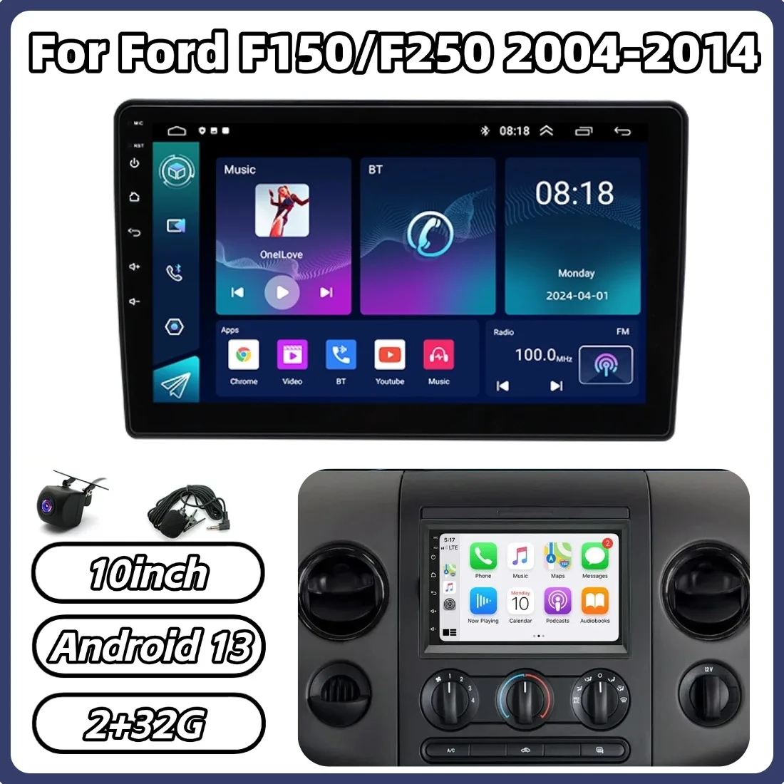 

2+32G 10in Car Android 13 Car Stereo GPS Navigation For Ford F150/F250 2004-2014 For Carplay Android Auto Touchscreen Radio