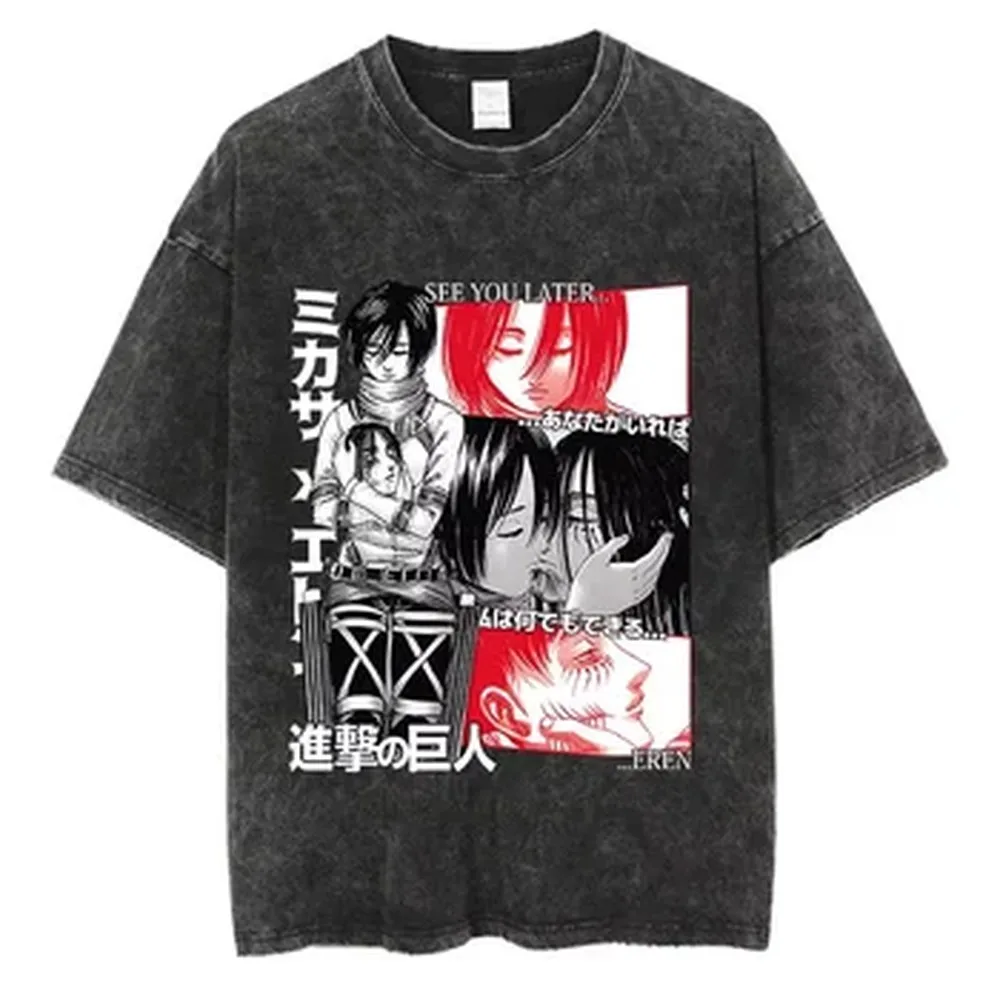 Manga Attack on Titan T-shirt Men Women Clothing Mikasa Ackerman Print Washed Oversized T Shirt Summer Cotton Short Sleeve Tees