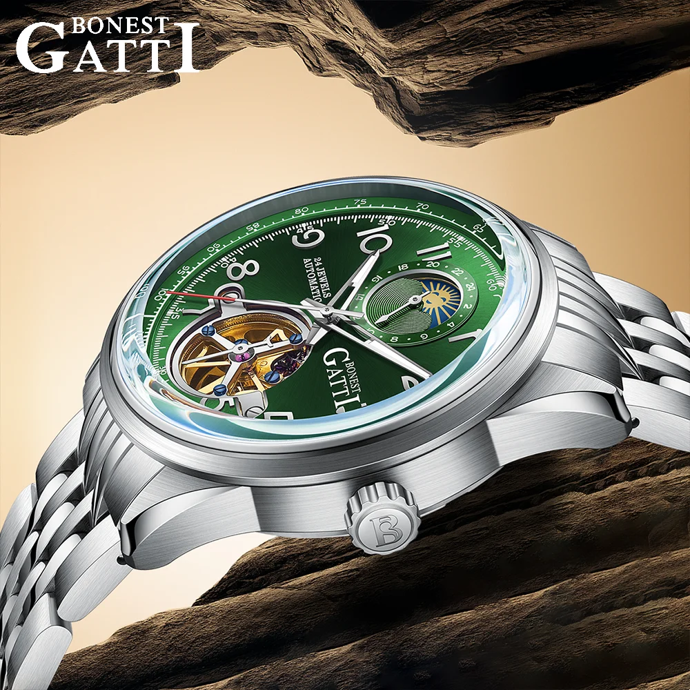 BONEST GATTI Men's Flying Tourbillon Auto Mechanical Watch Skeleton Sapphire Luminous 5ATM 316L Steel Dial German Crafted BG5808