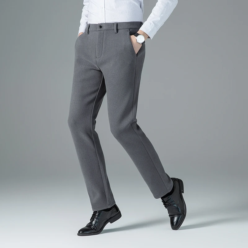 Winter Men Slim Straight-Leg Trousers Black Gray Thermal Antibacterial Static-resistant Spandex Fabric Pant Cosy Warm Collection