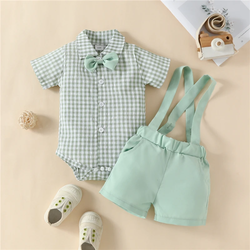 

Toddler Clothes Infant Baby Clothing Boys Gentleman Outfit Plaid Short Sleeve Jumpsuit and Casual Stretch Suspender Shorts Set