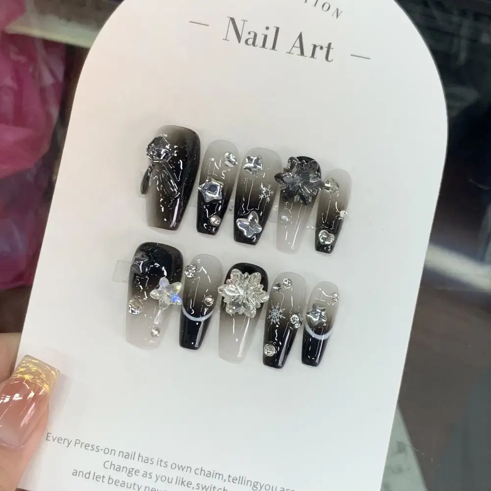 Manual puro Rhinestone falso prego com caixa de ferramentas, floco de neve, unhas falsas artesanais, tampa completa, pressione unhas, arte, XS, S, M, L