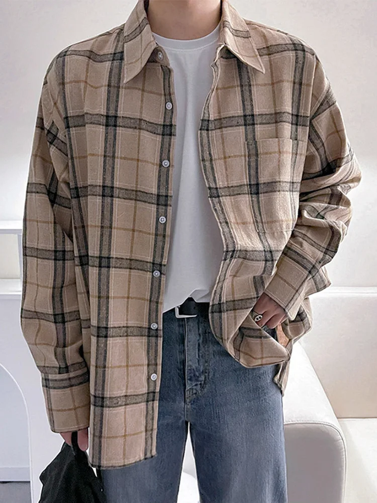 

Turndown Plaid Neck Shirt Men's Long Sleeve Breasted New Spring Korean Style Loose Casual Fashion Simple Versatile 2A1202