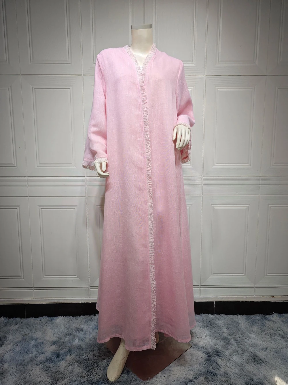 Imagem -05 - Elegante Chic Rosa Muçulmano Abayas para Mulheres Linho Liso Caftan Modesto Vestidos de Oração Manga Longa Ladies Turkey Store