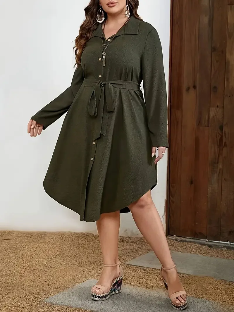 GIBSIE Plus Größe 2024 Herbst Neue Lose Gürtel Hemd Kleid Frauen Casual Lange ärmeln Revers Taste Unten Damen Solide midi Kleider