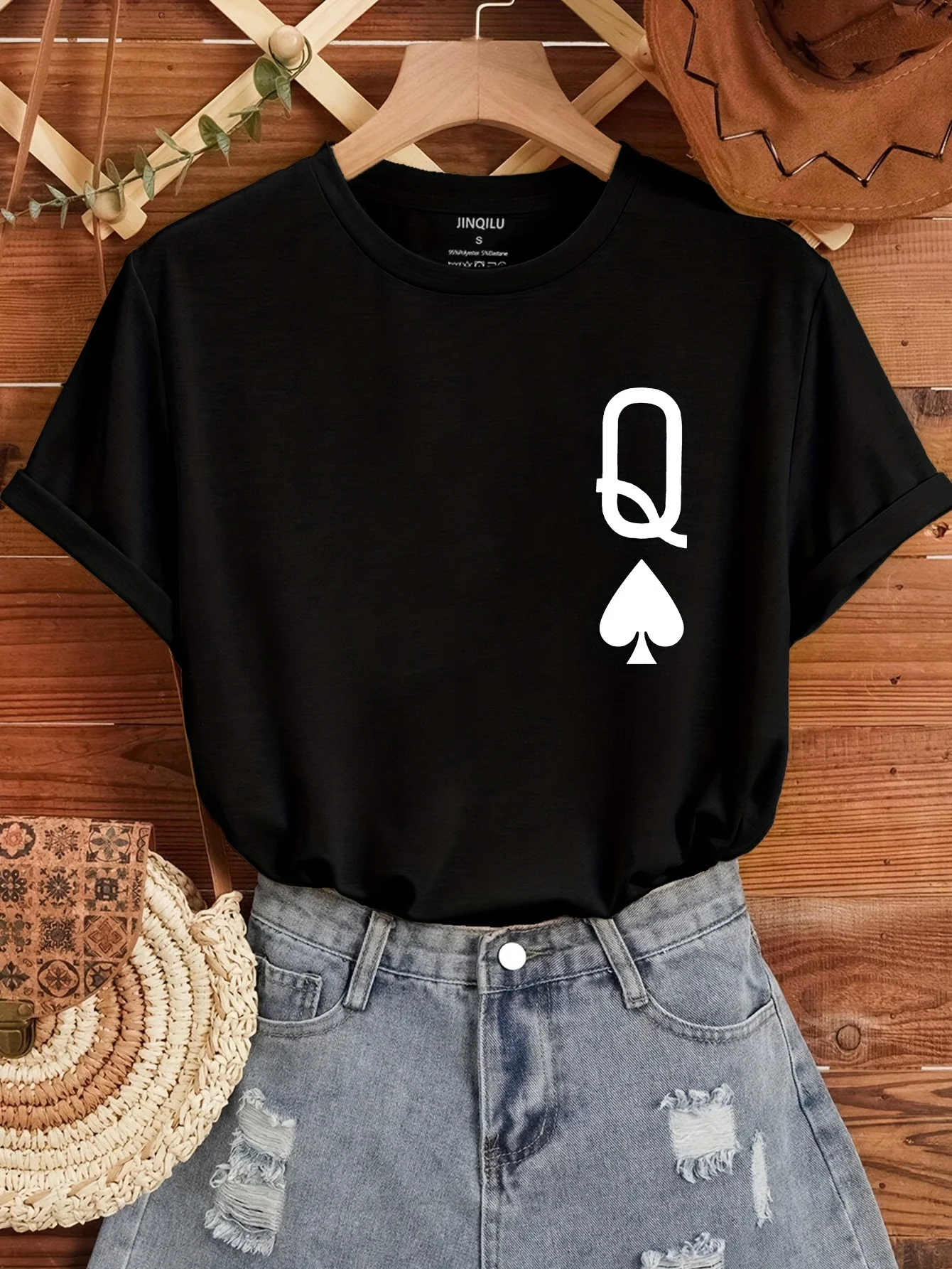 

Женская футболка Queen of Spades - с минималистичным принтом в виде карт, повседневный черный топ