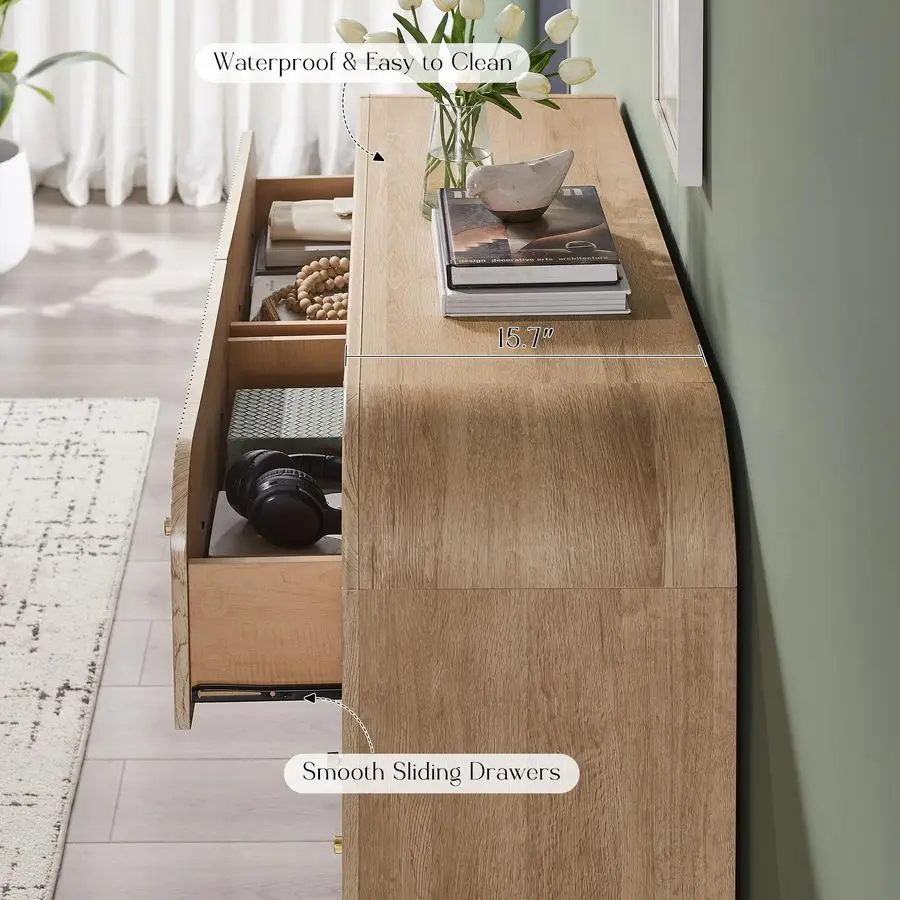 Fluted 6 Drawers Dresser for Bedroom, 54 Wide Modern Chest of Drawers with Thickened Curved Profile Design, Wood Dressers TV St