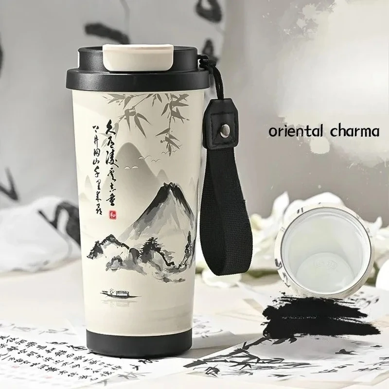 

Ink painting double drinking coffee cup 316 stainless steel inner pot ceramic insulated cup portable business gift cup