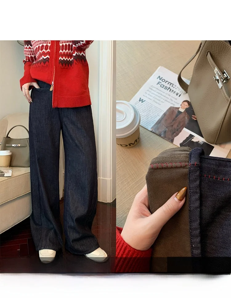 

plus Size Women's Fce Lined Casual High Waist Jeans Straight Leg Vintage American Sle for Plump Sister Comfortable Fit